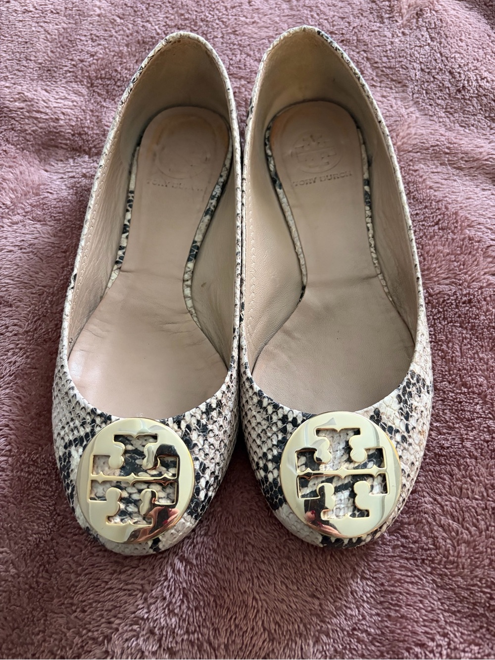 Tory Burch Reva Ballet Flats Snakeskin Python Embossed Leather Gold Logo size 7